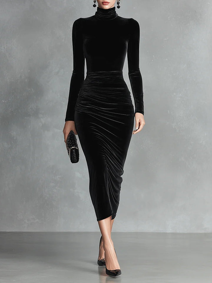 Black Velvet Elegant High-Neck Bodycon Dress