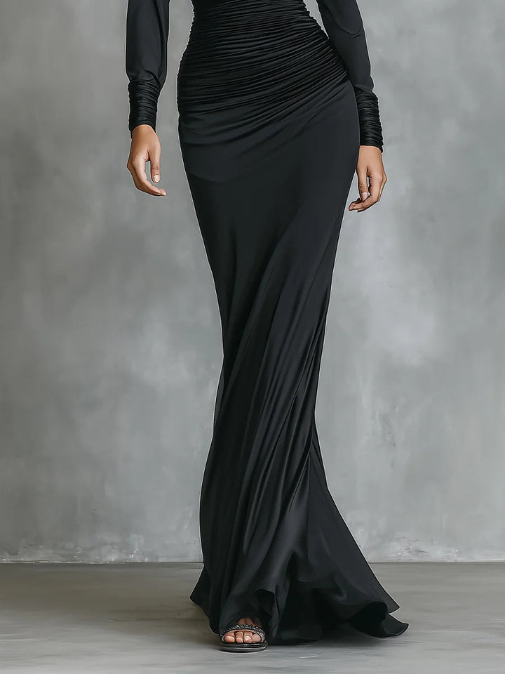 Black Elegant Satin One - Shoulder Ruched Mermaid Maxi Dress